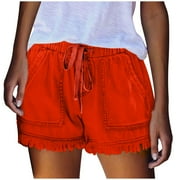 QATAINLAV Summer Shorts for Women Casual Drawstring Elastic Waist Denim Shorts Trendy Fringe Hem Short Jeans Solid Color Going Out Jean Shorts with Pockets Summer Savings Red M